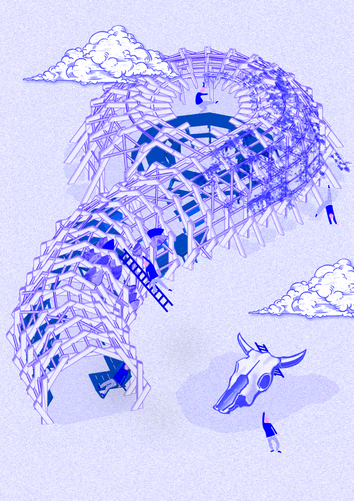 Axonométrie de la Mue, base du Serpent, imaginée sur le site de Transfert